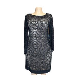 K-136 Emma & Michele Size Small Black Lace Overlay Shift Dress Long Sleeves